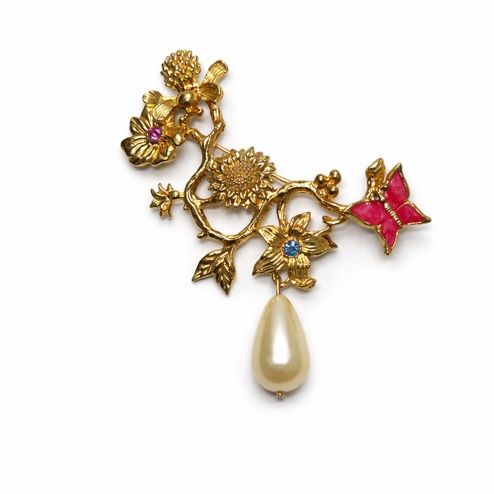 Avon Gold Floral Brooch with Pink and Blue Accents